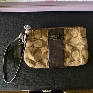 Coach Brown Signature Jacquard Wristlet with Dark Brown Leather Trim